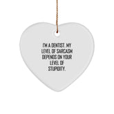 Funny Dentist Gifts for Christmas - 'I'm A Dentist. My Level of Sarcasm Depends on Your Level of Stupidity.' Heart Ornament - Image 1